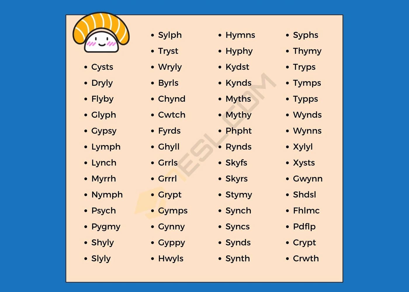 Complete List of 5 Letter Words without Vowels